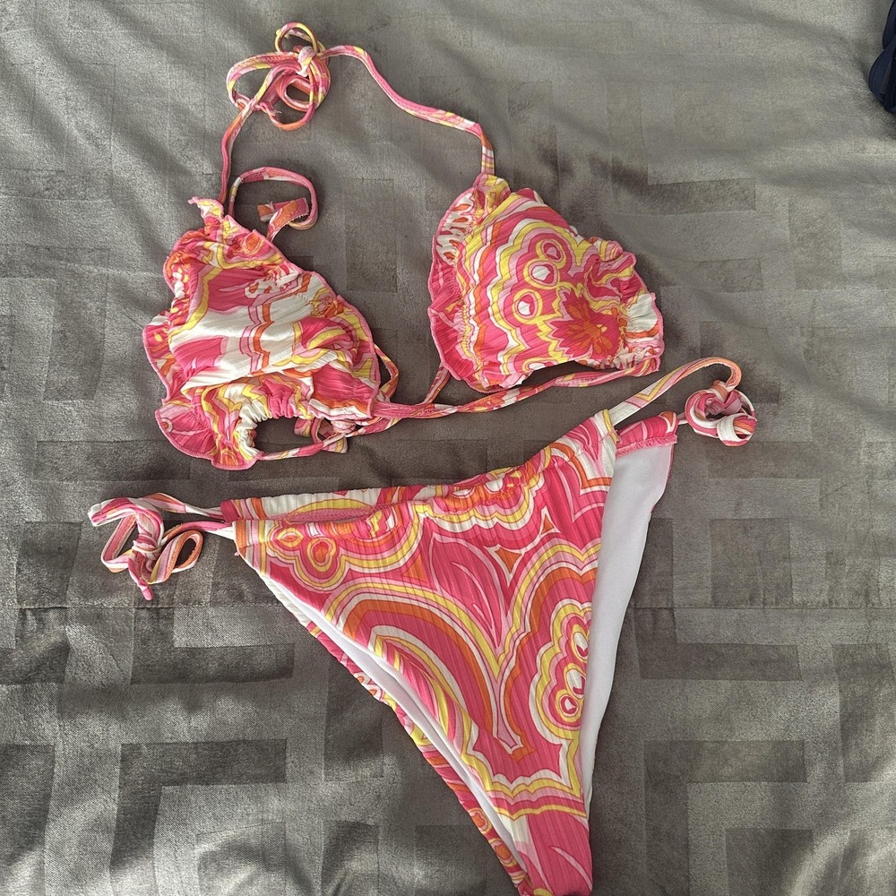 Shein Bikini Swimsuit Womens XL Pink Paisley Triangle Ruffle Halter Tie Side Set